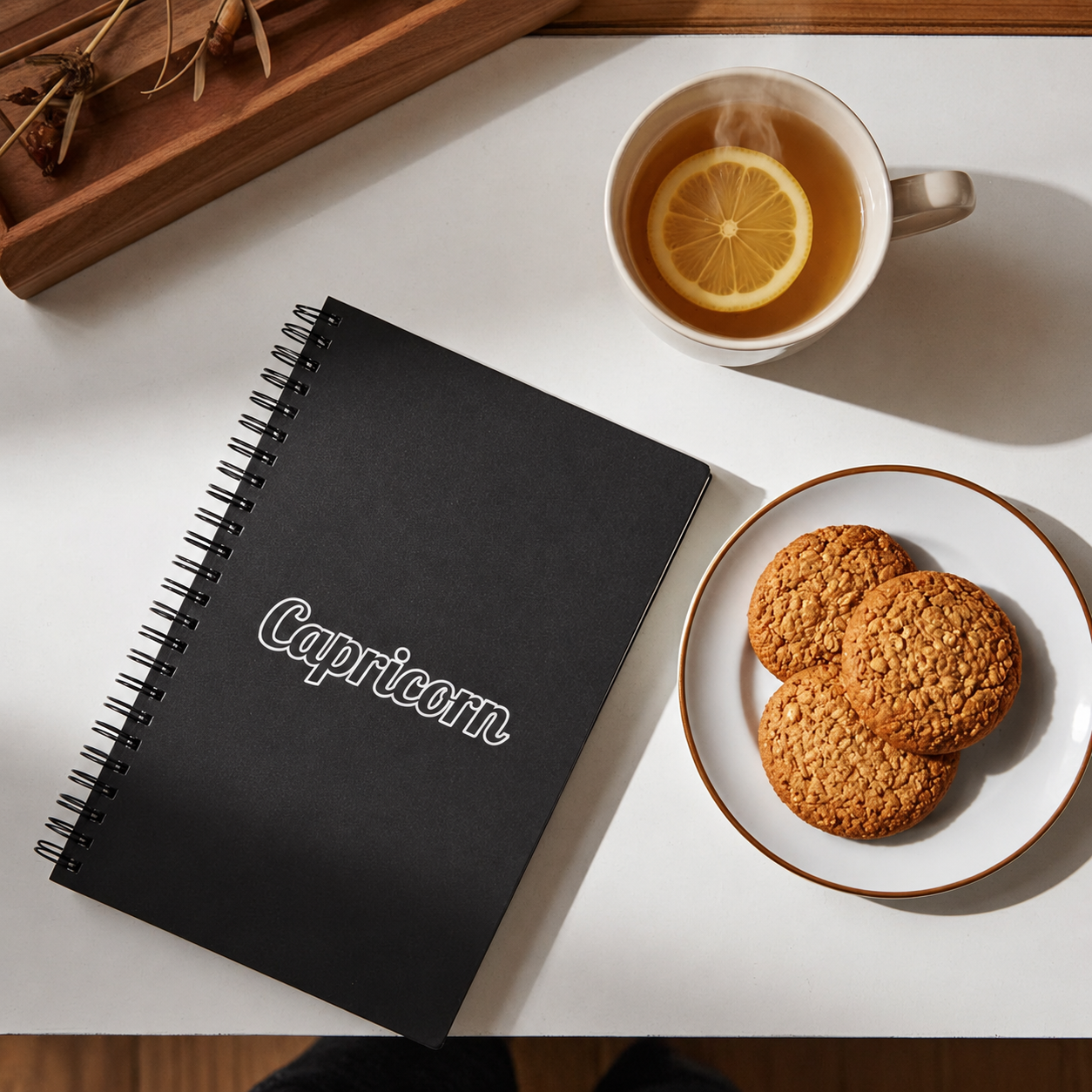 Black notebook with 'Capricorn' on a white wooden surface with cookies and tea.