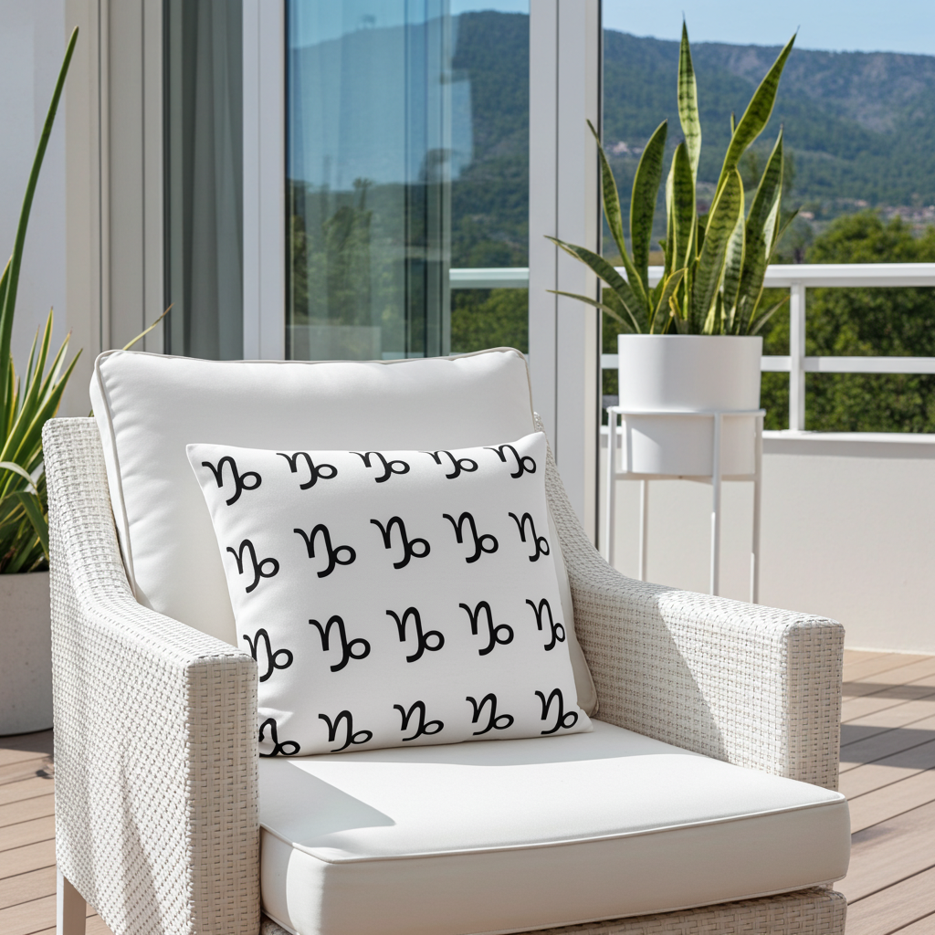 A white outdoor patio armchair with a white cushion and a square throw pillow featuring a repeating black Capricorn pattern, set on a wooden deck with potted plants and a scenic mountain view in the background.