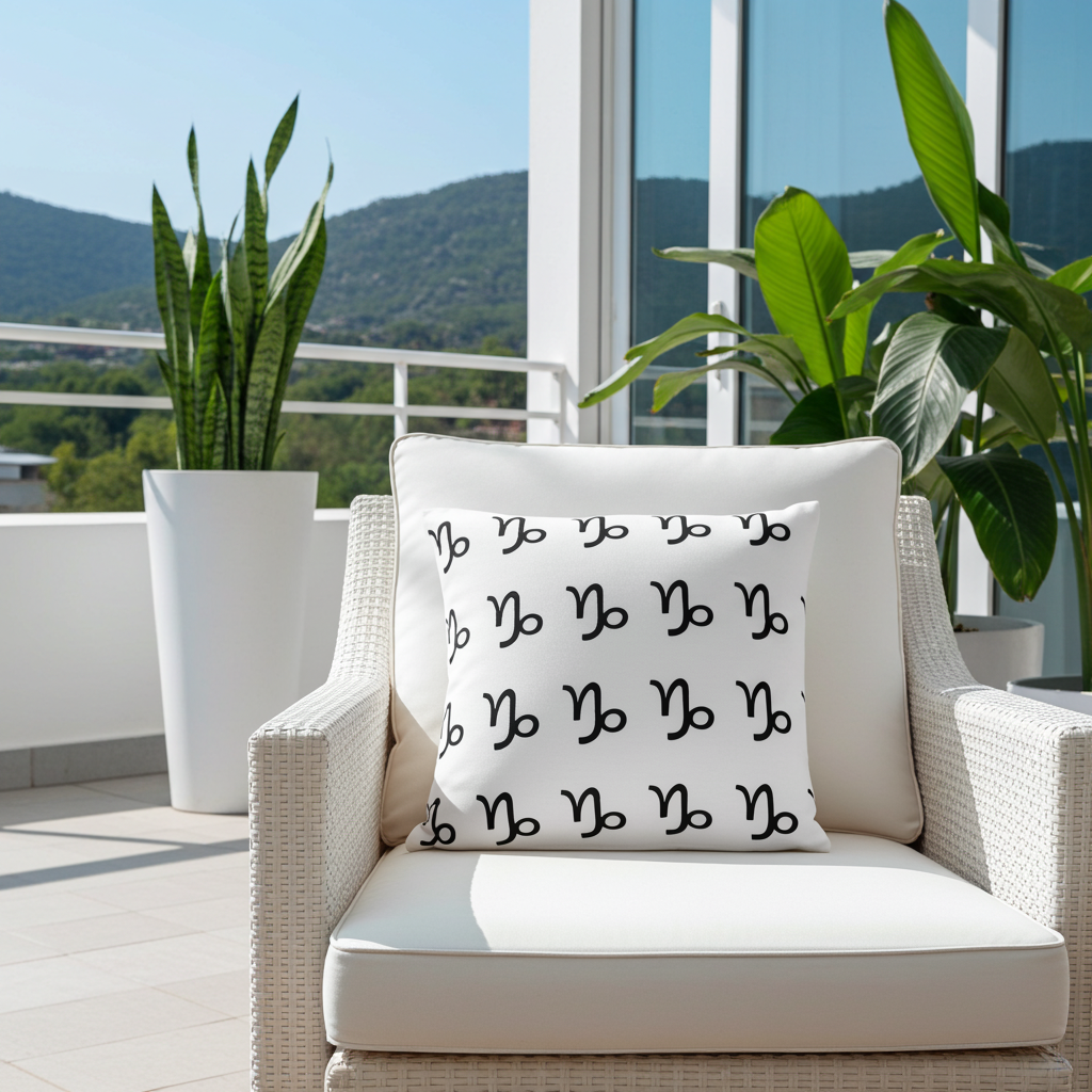 A white outdoor throw pillow with a black repeating capricorn symbol pattern, styled on a white wicker armchair on a sunny balcony with plants and a mountain view.