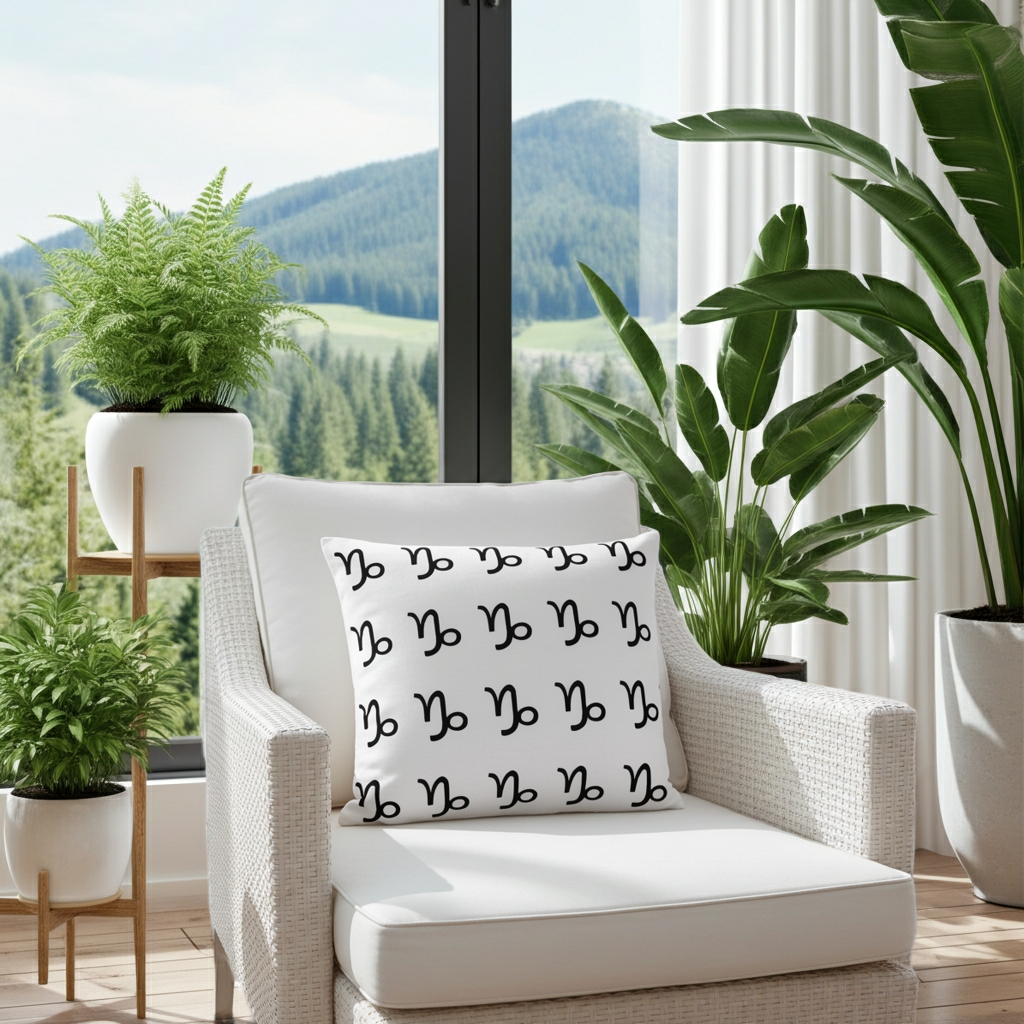 A white woven armchair in a bright room with a large window showing a mountain landscape, styled with potted green plants. The chair has a white cushion and a square throw pillow featuring a repeating capricorn symbols.
