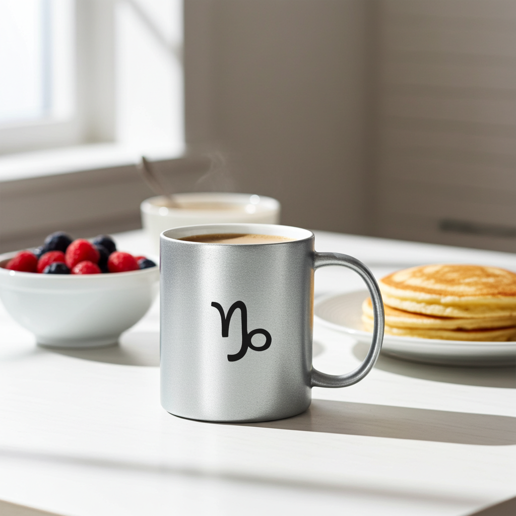 Silver mug with a zodiac symbol on a table with breakfast items