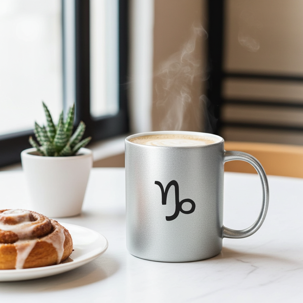 Silver mug with a zodiac symbol, steaming coffee, cinnamon roll, and potted plant on a table.