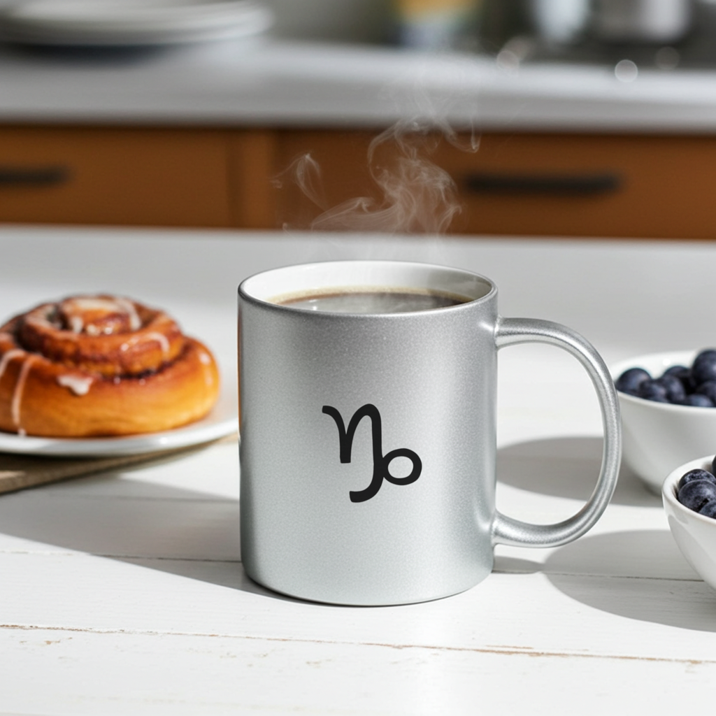 Silver mug with a zodiac symbol on a kitchen counter with a cinnamon roll and blueberries.
