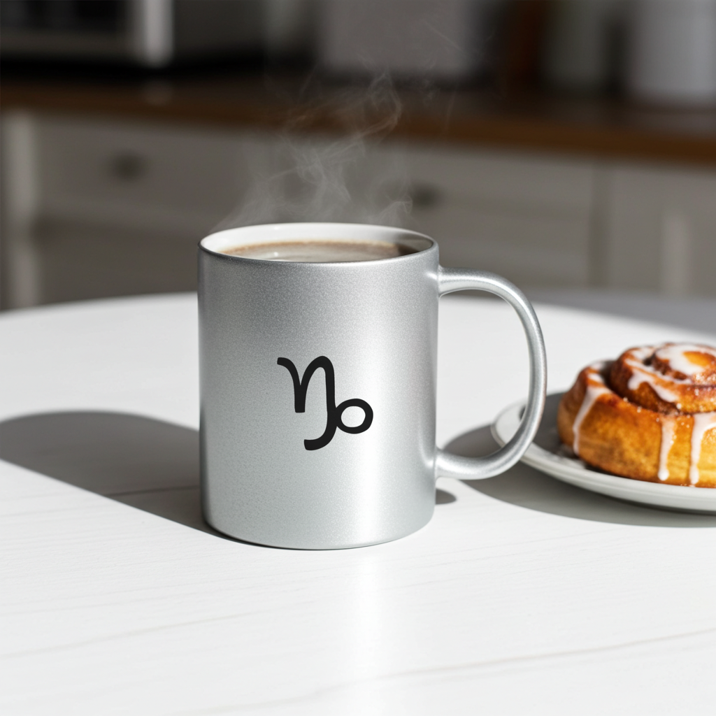 Silver mug with a zodiac symbol on a table with a cinnamon roll