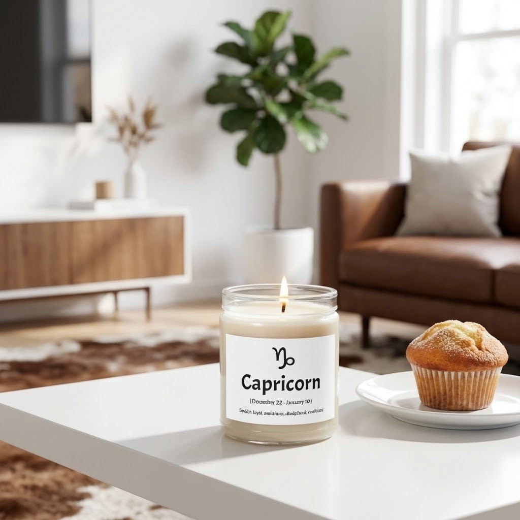 A lit Capricorn scented candle in a clear glass jar sits on a white table in a modern living room setting, next to a cupcake on a small plate. The background features a brown leather sofa, a potted green plant, and a white wall.