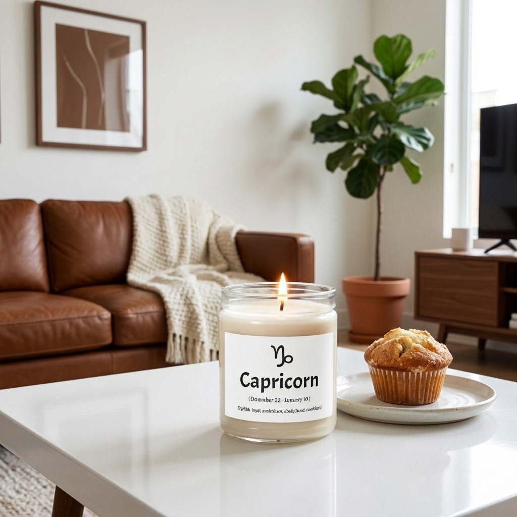 A lit Capricorn scented candle in a clear glass jar sits on a white coffee table in a modern living room setting, next to a muffin on a small plate. The background features a brown leather sofa, a potted fiddle-leaf fig plant, and a television on a wooden stand.