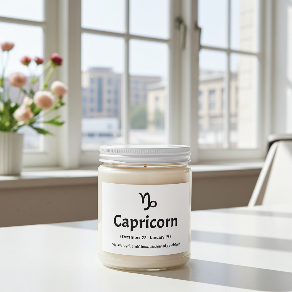 Candle labeled 'Capricorn' on a windowsill with flowers and cityscape view