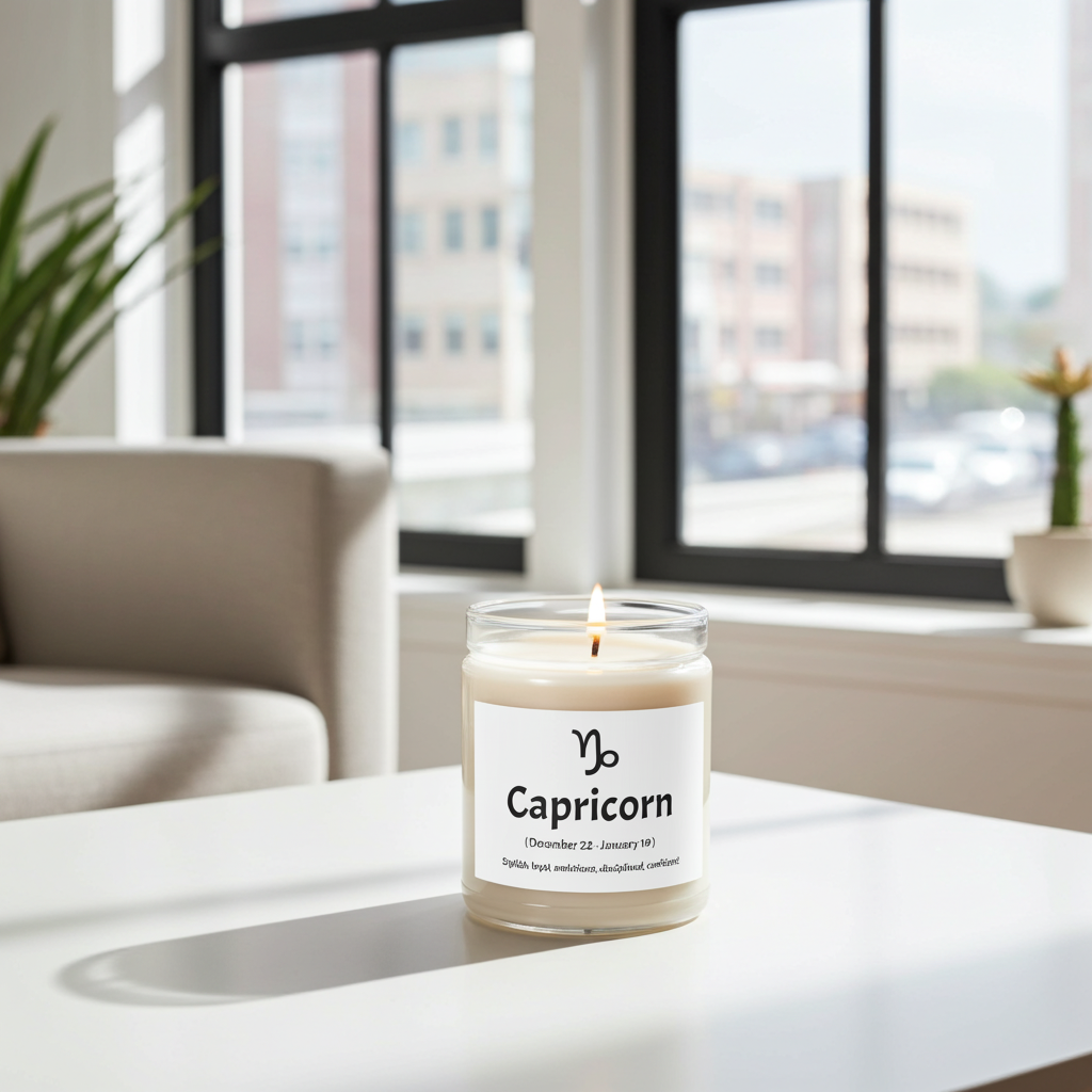 Candle labeled 'Capricorn' on a table with a modern interior background
