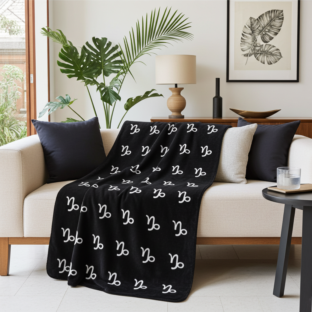 Black blanket with white Capricorn patterns draped over a couch in a living room.