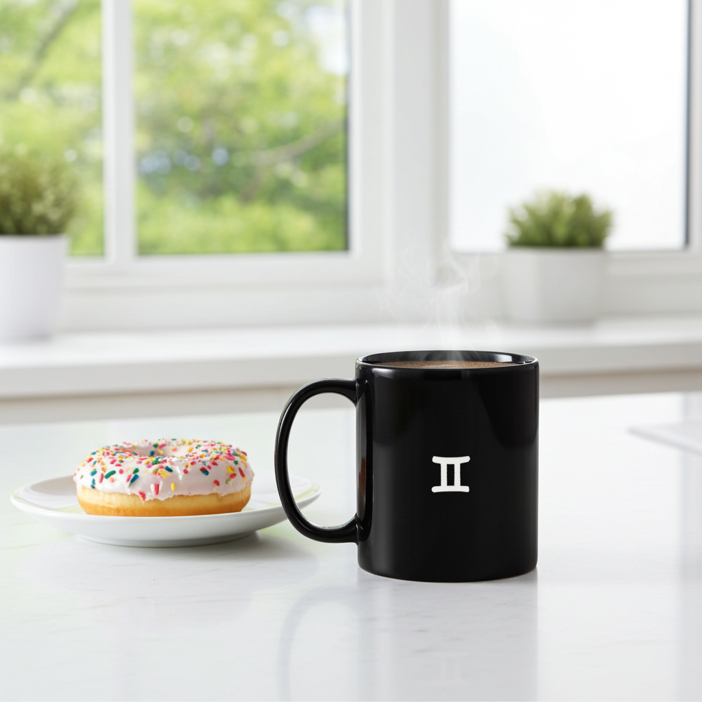 Black mug with a Gemini symbol on a white surface next to a donut, with a window and plants in the background.
