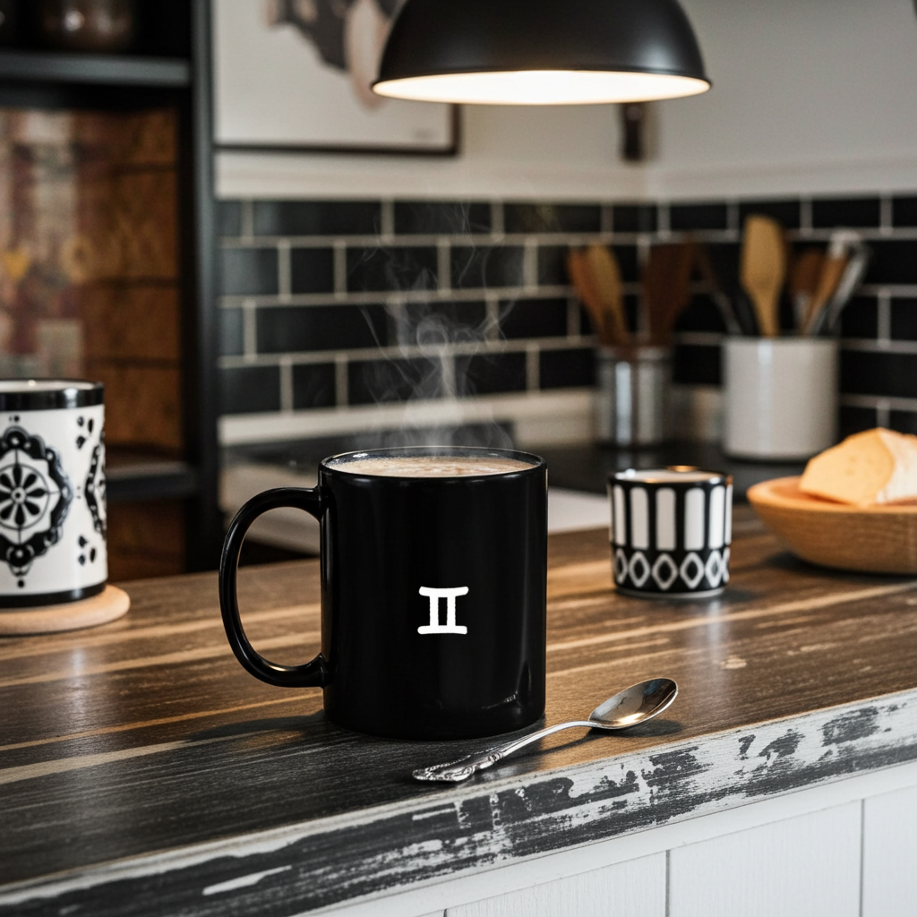 Black mug with a white Gemini logo on a kitchen counter, surrounded by other mugs and kitchen items.