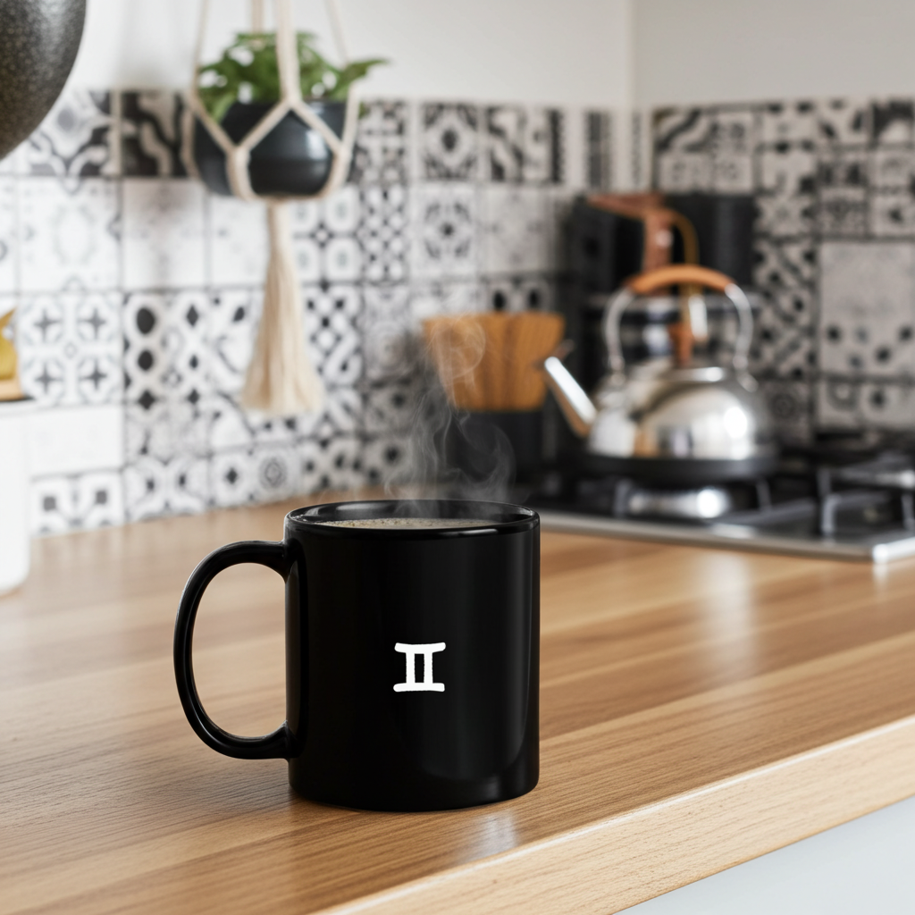 Black mug with a Gemini symbol on a kitchen counter