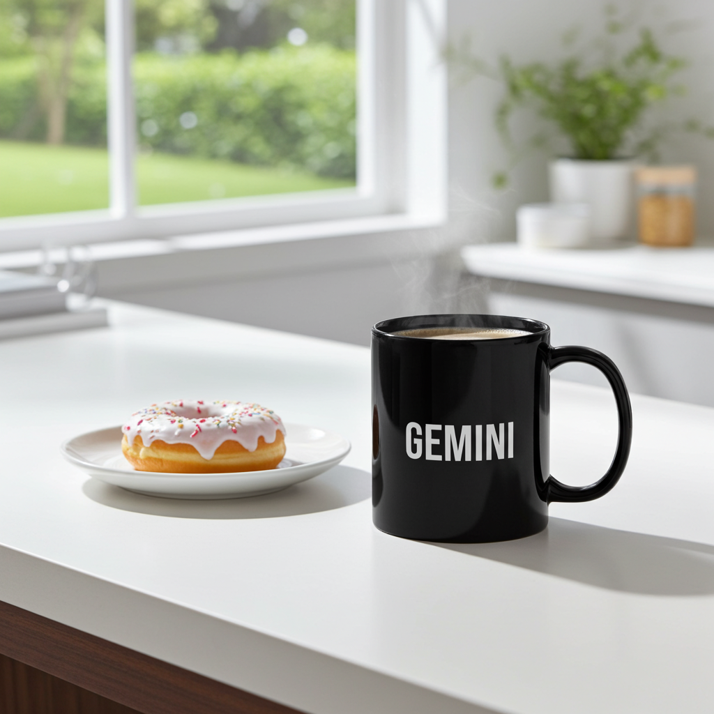 Black mug labeled 'GEMINI' on a kitchen counter with a donut and window in the background