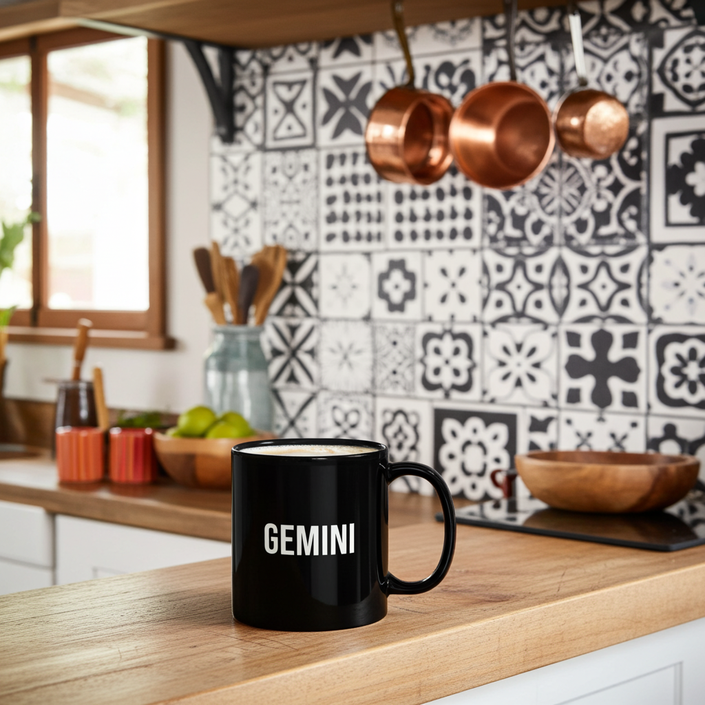 Black mug with 'GEMINI' on a kitchen counter, featuring copper pots and patterned tiles.