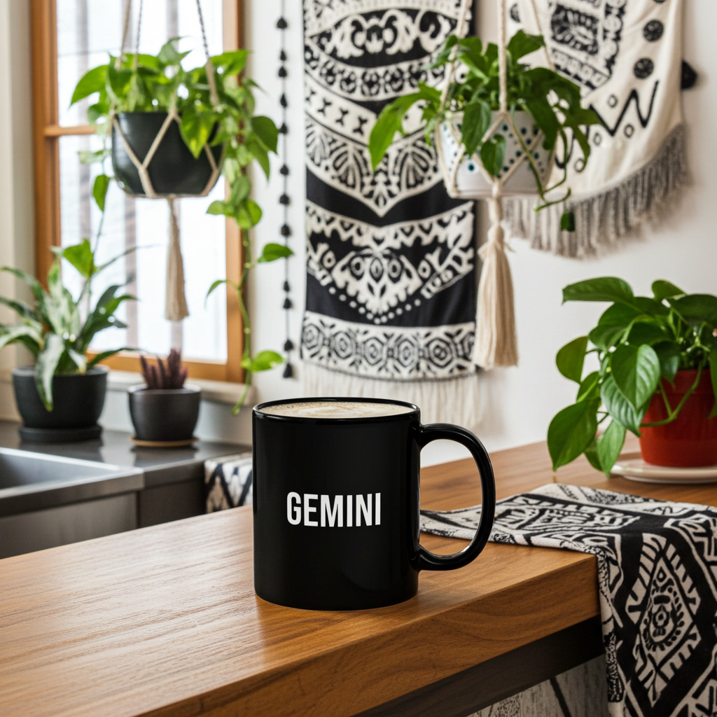 Black mug with 'GEMINI' on a wooden surface in a room with plants and wall hangings