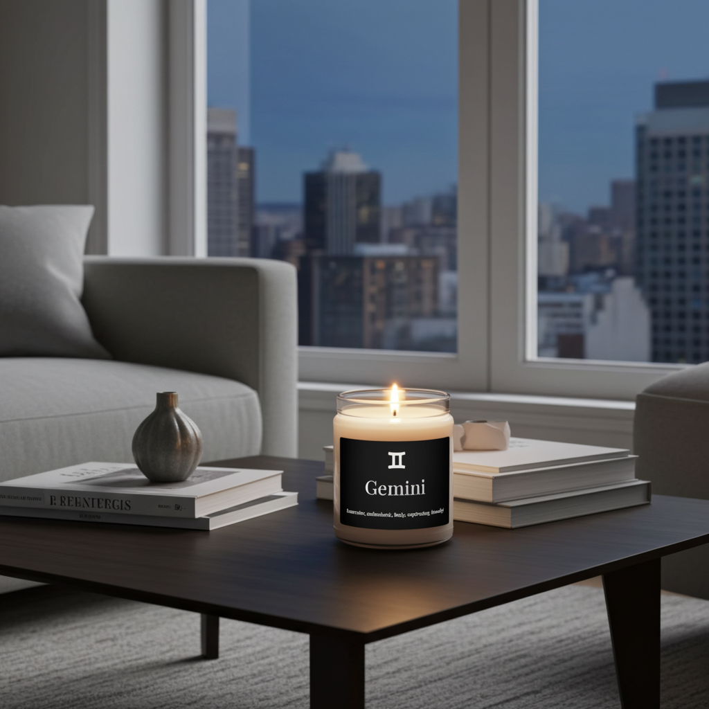 Candle labeled 'Gemini' on a coffee table with a cityscape view through windows.