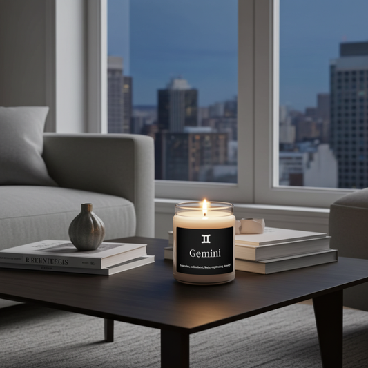 Candle labeled 'Gemini' on a coffee table with a cityscape view through windows.