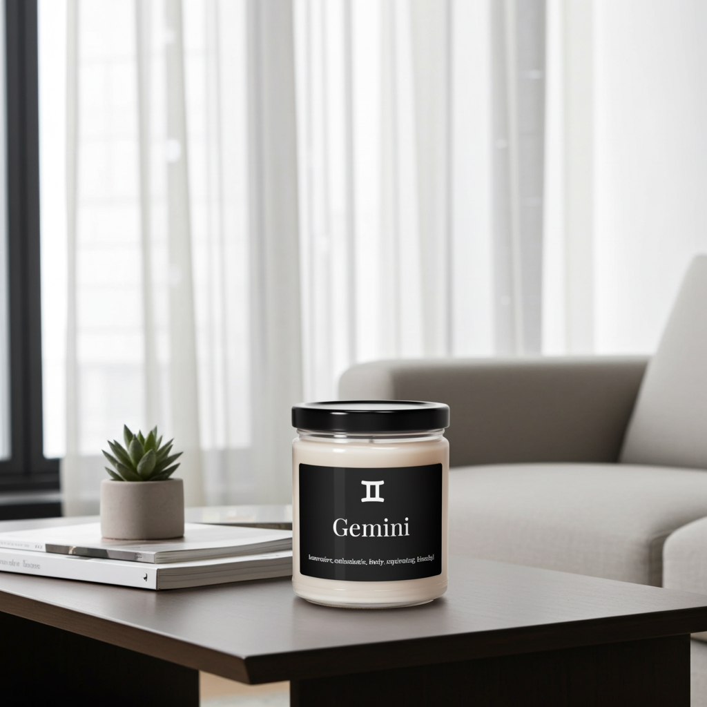 Candle labeled 'Gemini' on a table with a modern interior background
