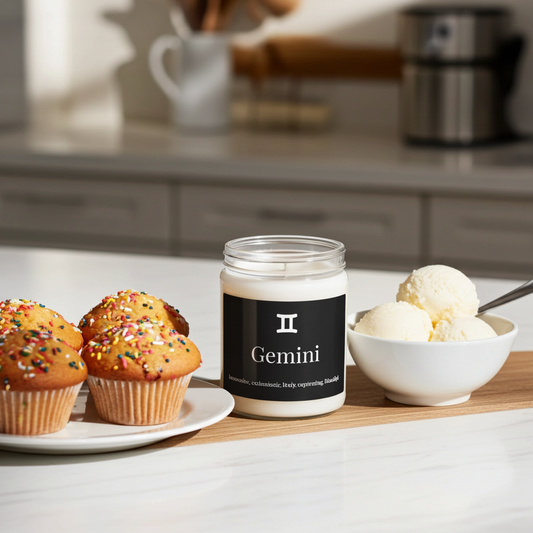 Jar labeled 'Gemini' with muffins and ice cream on a kitchen counter