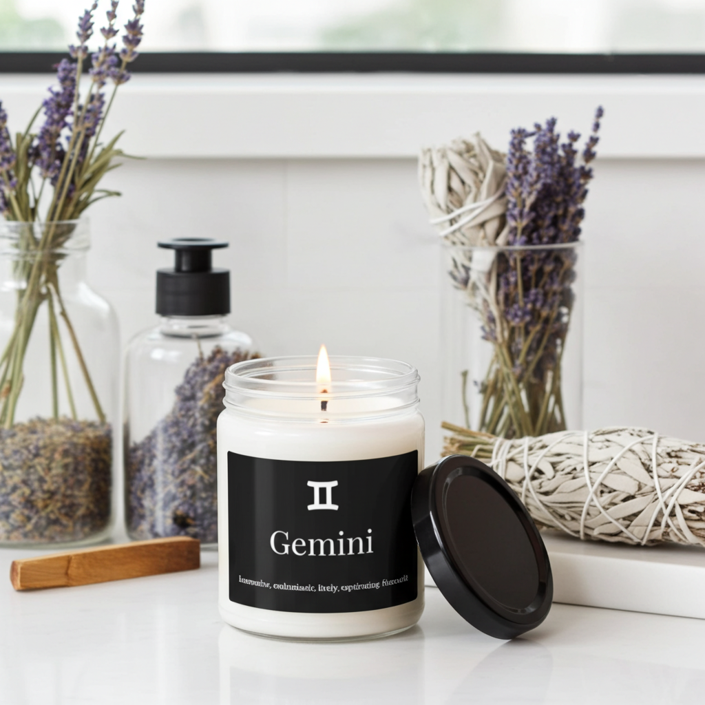 Candle labeled 'Gemini' with lavender and decorative items on a white surface