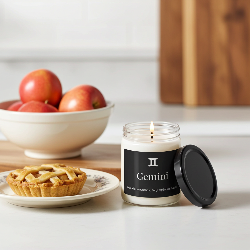 Candle labeled 'Gemini' on a kitchen counter with apples and a pie in the background