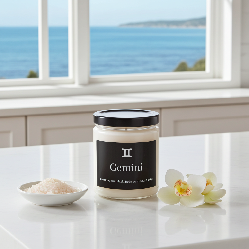Candle labeled 'Gemini' on a surface with a scenic background