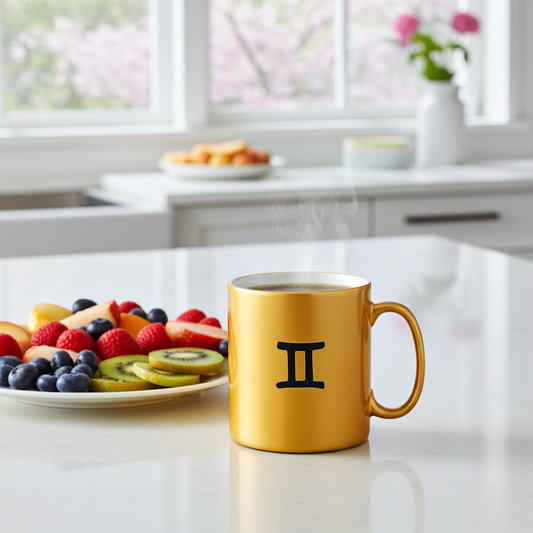Gold mug with a black Gemini symbol on a kitchen counter with fruit and coffee.