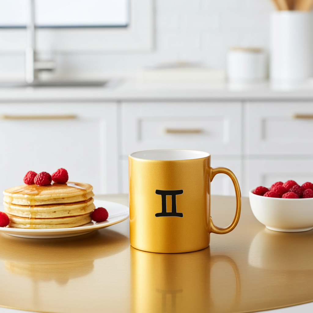 Gold mug with a black symbol on a kitchen counter with pancakes and raspberries.