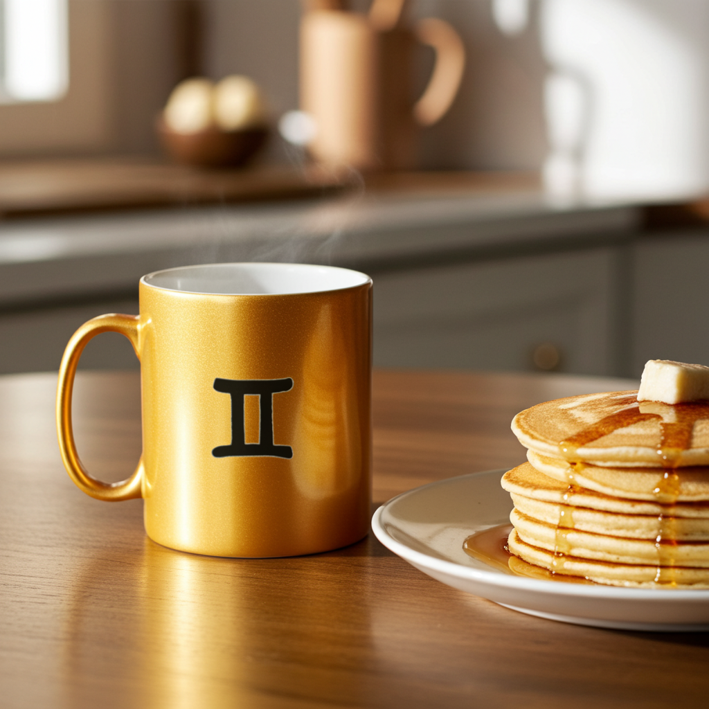 Gold mug with Gemini symbol next to a plate of pancakes on a kitchen counter.