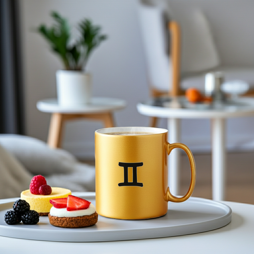 Gold mug with a black Gemini symbol on a table in a modern living room.