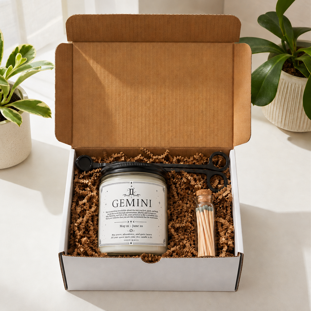 Candle labeled 'Gemini' in a gift box with plants in the background
