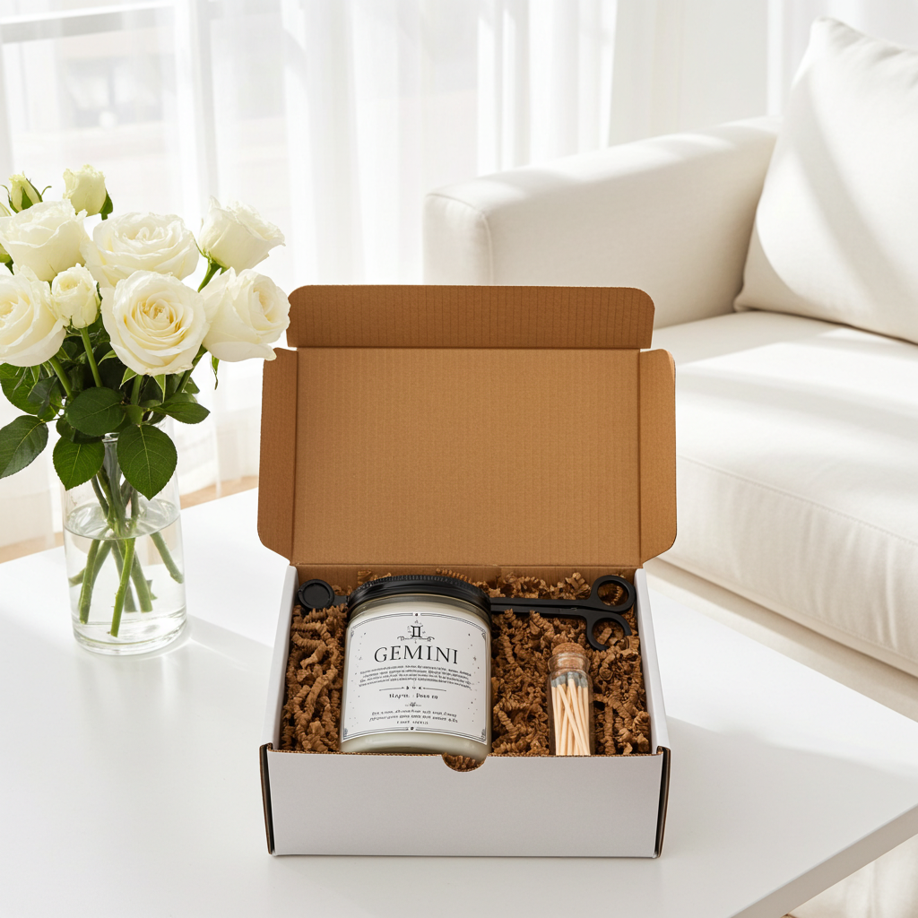 Open gift box with candle labeled 'Gemini' on a white surface, next to a vase of white roses.