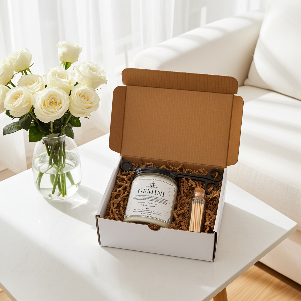 Gift box with a Gemini candle, a vase of white roses on a table.
