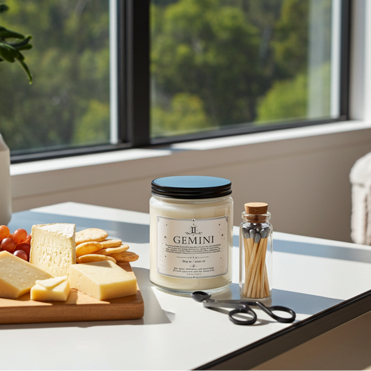Candle labeled 'Gemini' on a table with cheese and crackers by a window with a view of trees.