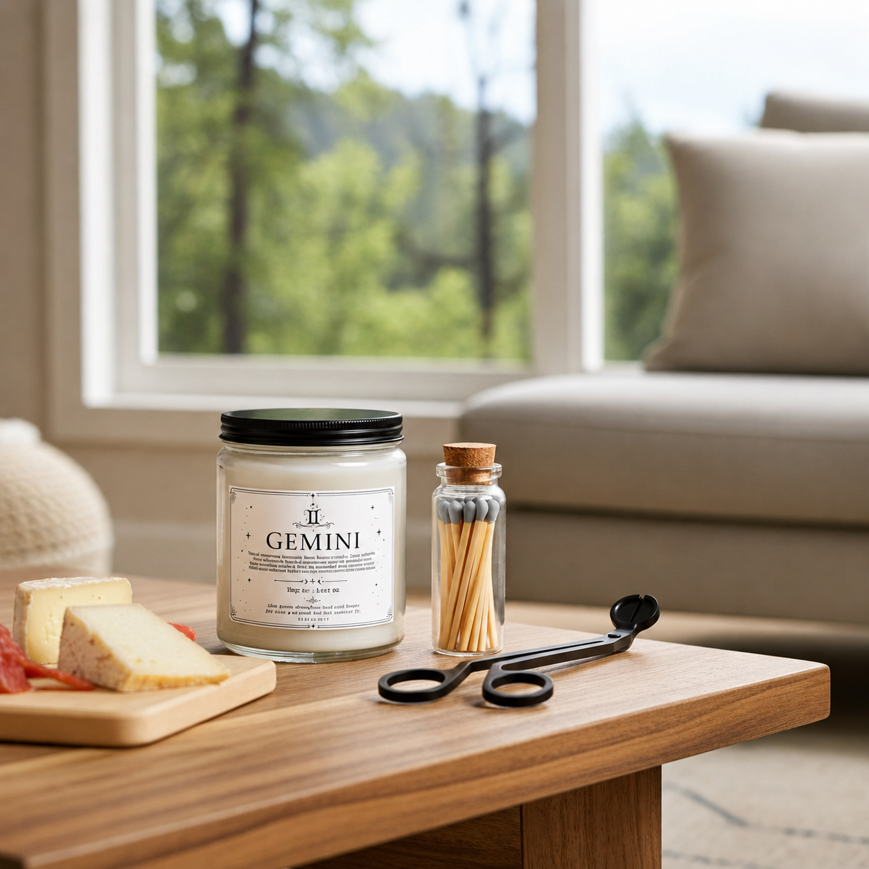 Candle labeled 'Gemini' on a wooden table with matches and scissors, in a room with a window view of trees.
