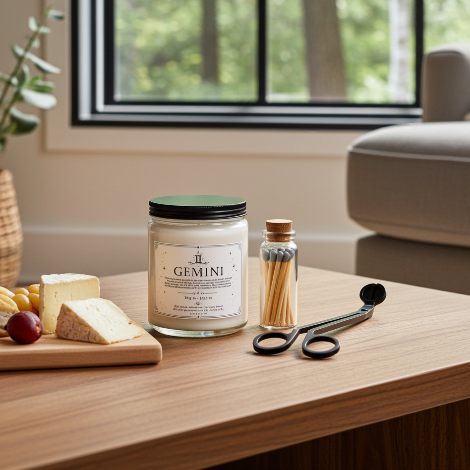 Candle labeled 'Gemini' on a wooden table with cheese, fruit, and other items.