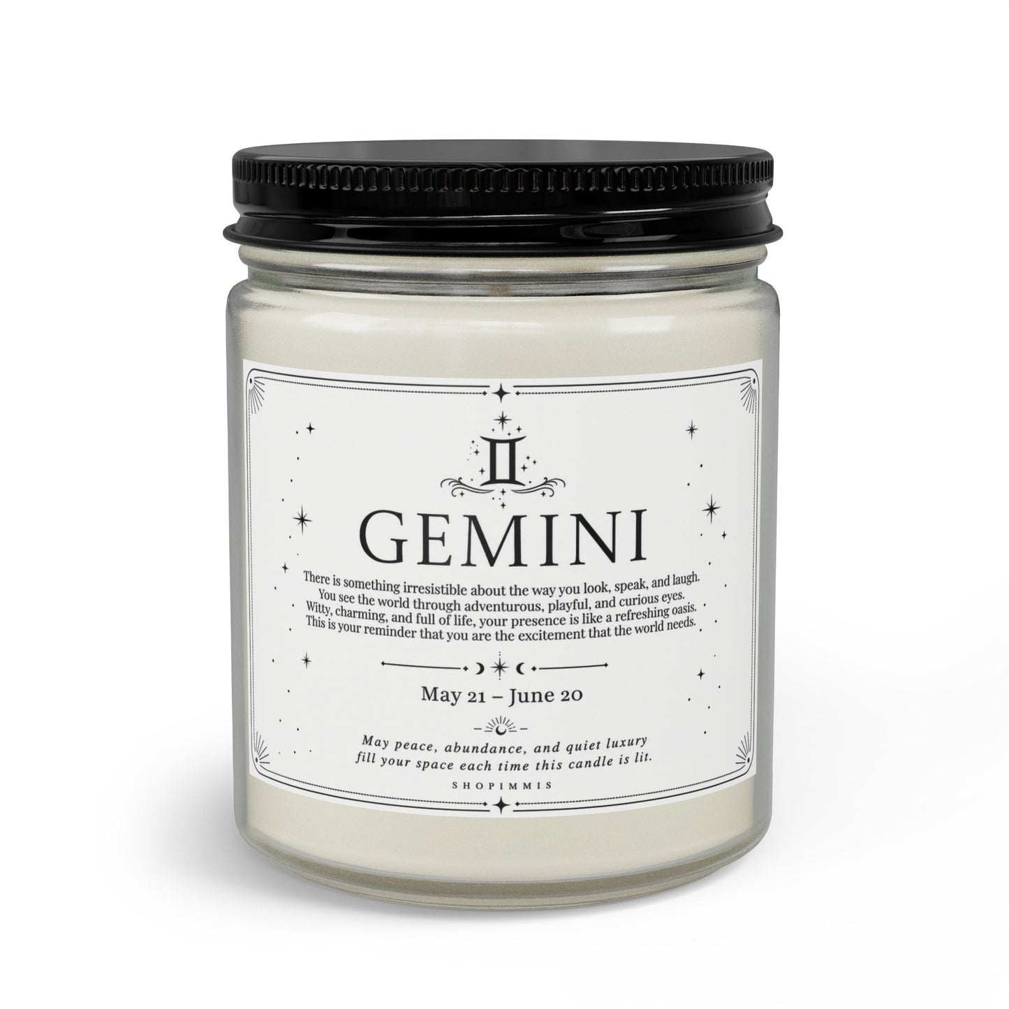 Candle jar with a label indicating 'Gemini'