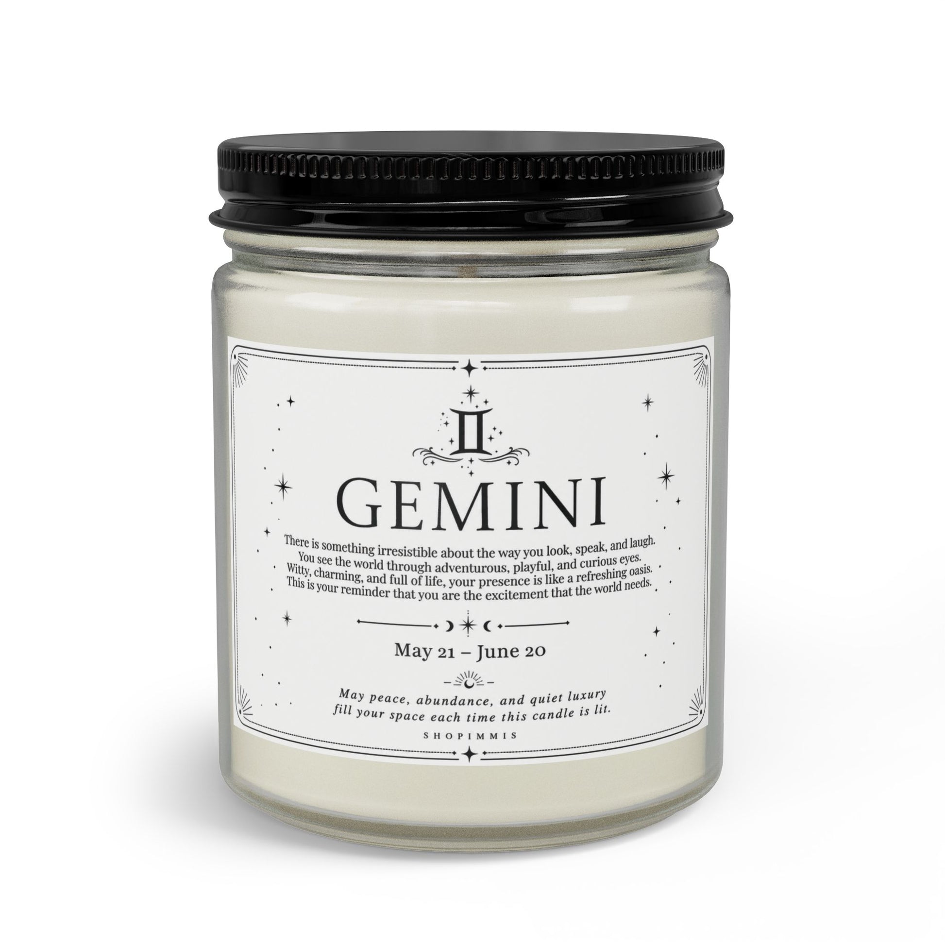Candle jar with a label indicating 'Gemini'