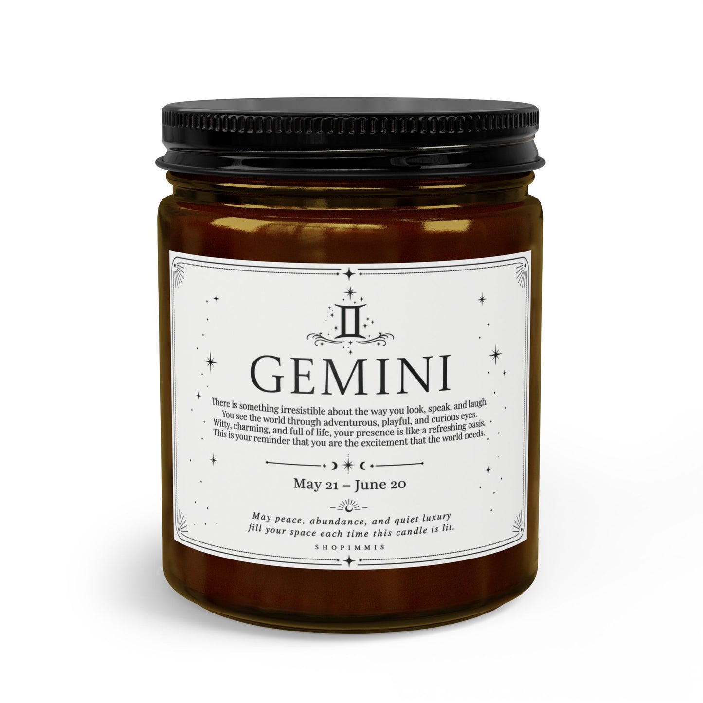 Candle jar with a label featuring the word 'Gemini' on a white background