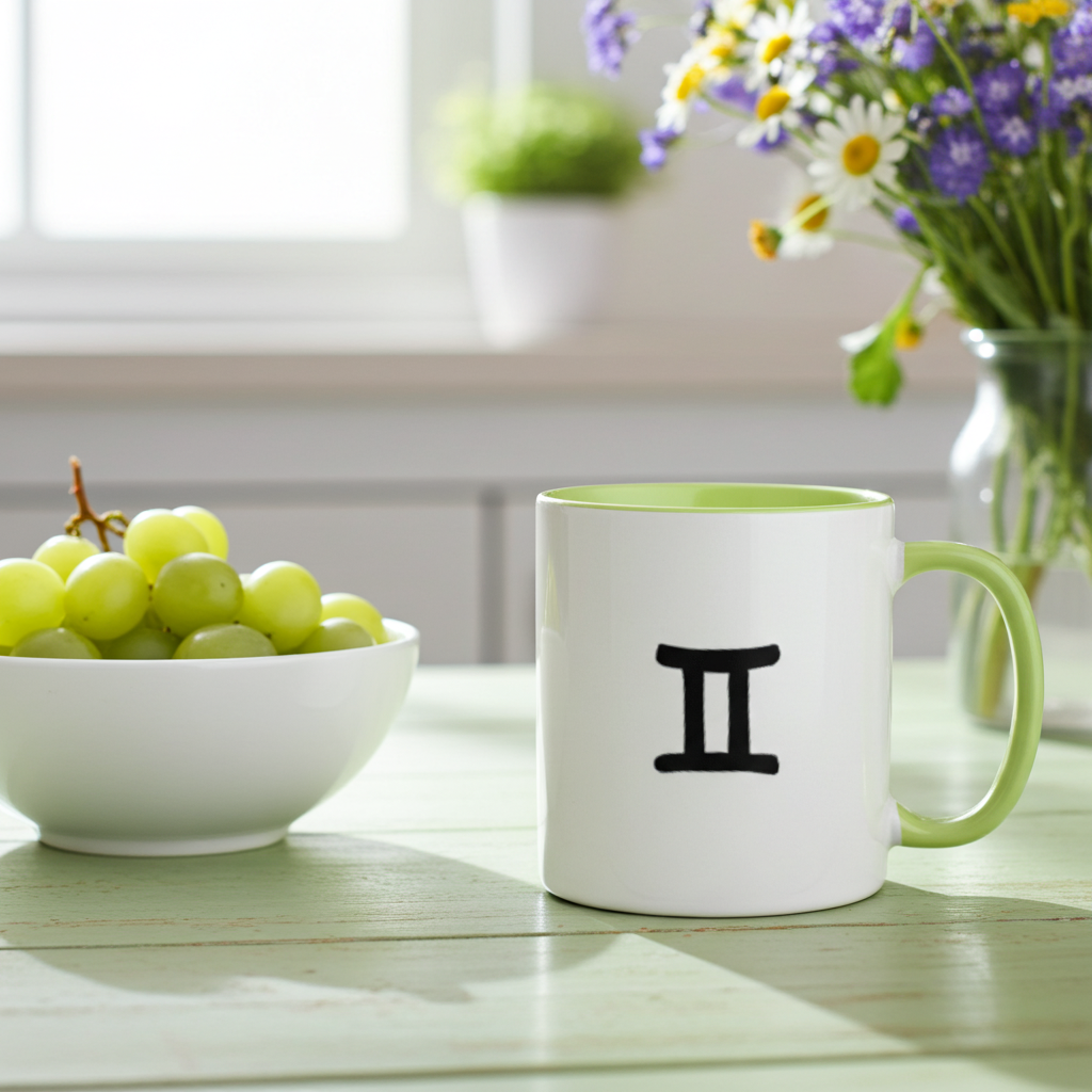 White mug with a black Gemini symbol on a table with grapes and flowers