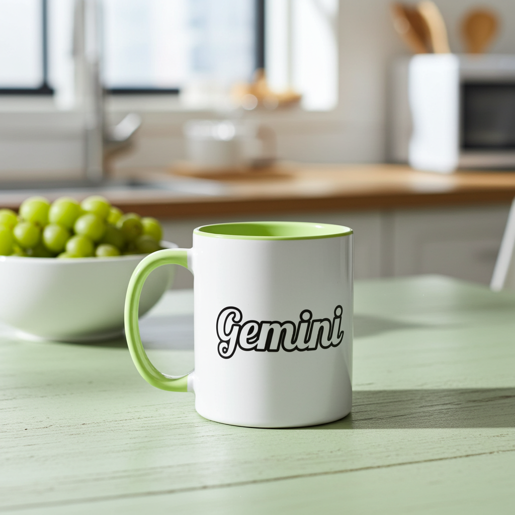 Mug with 'Gemini' on a kitchen counter with grapes and a bowl in the background