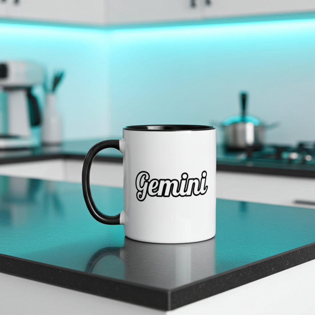 White mug with black handle and 'Gemini' text on a kitchen counter
