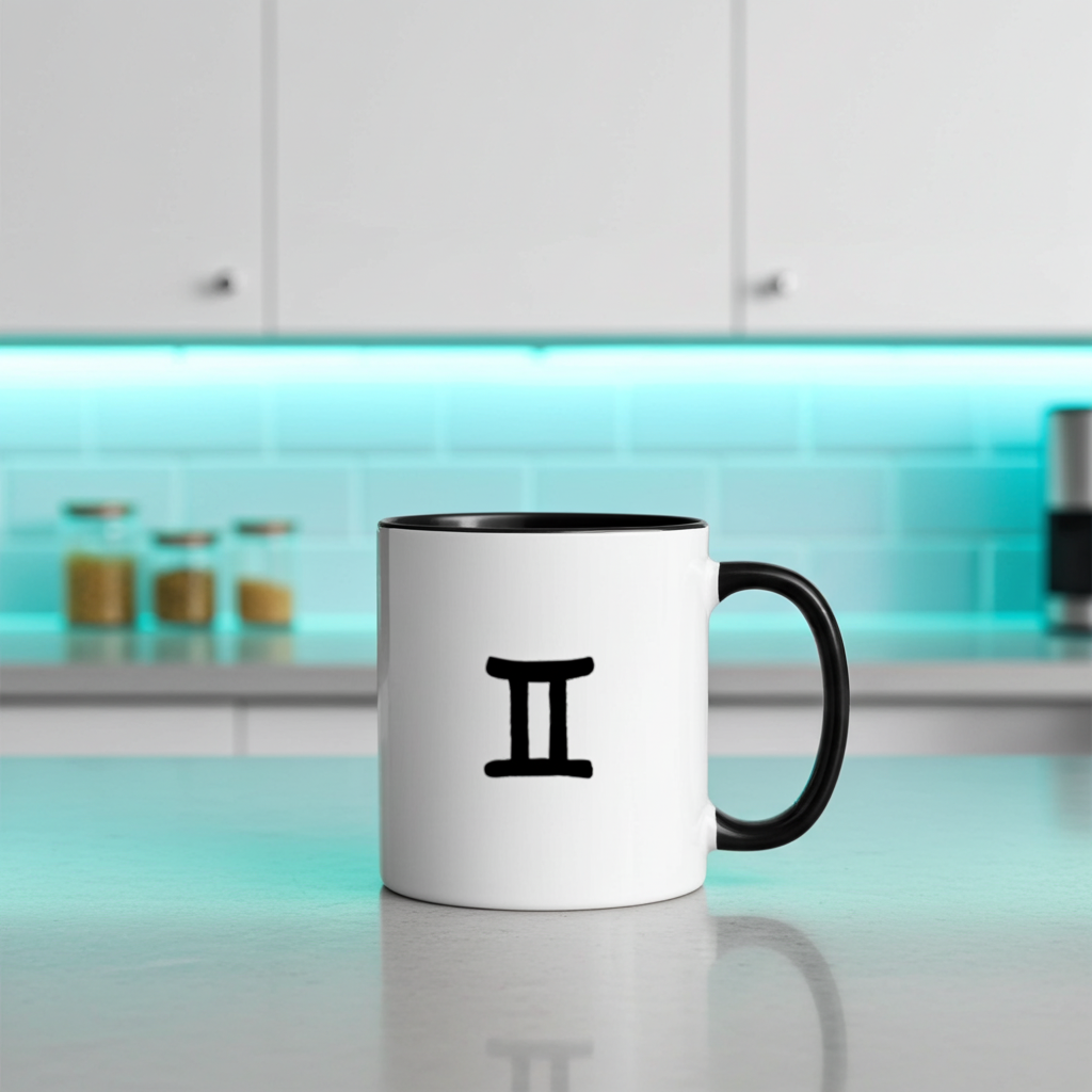 White mug with black handle and black Gemini symbol on a kitchen counter