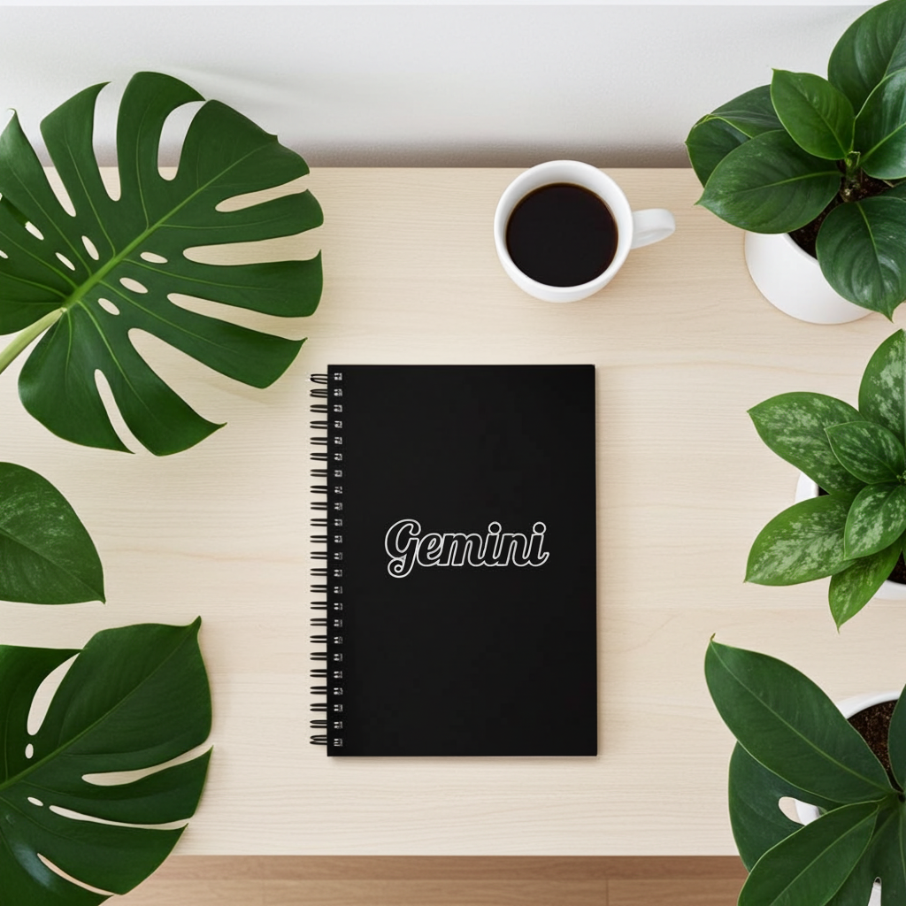 Black notebook with 'Gemini' on a wooden surface surrounded by green leaves