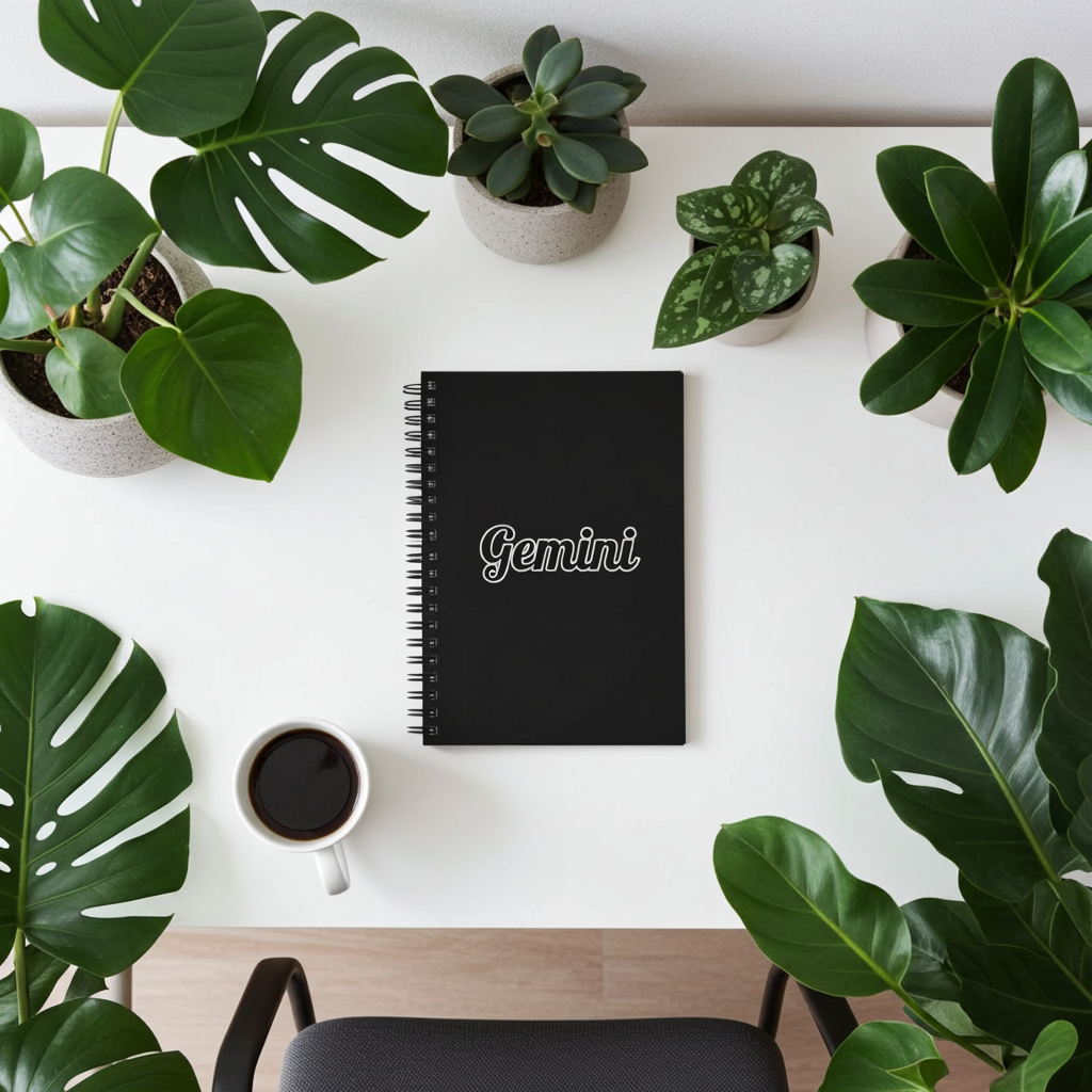 Black notebook with 'Gemini' on a white desk surrounded by potted plants