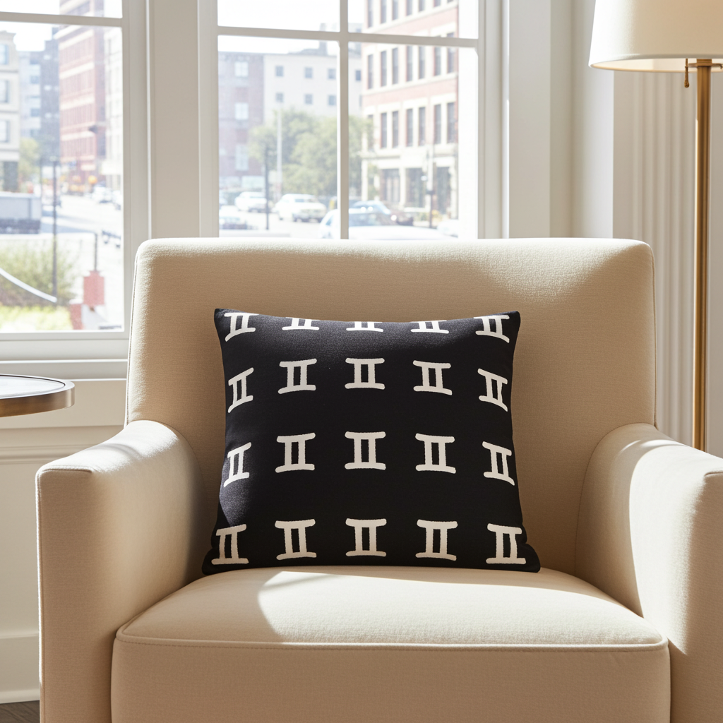Black pillow with white symbols on a beige armchair in a room with large windows.