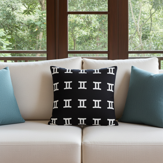 Decorative pillow with Gemini symbol pattern on a beige sofa with other pillows.