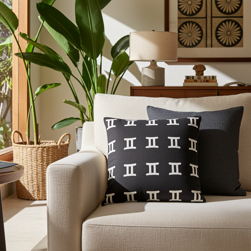 Decorative pillows with a gemini pattern on a beige sofa in a living room setting.