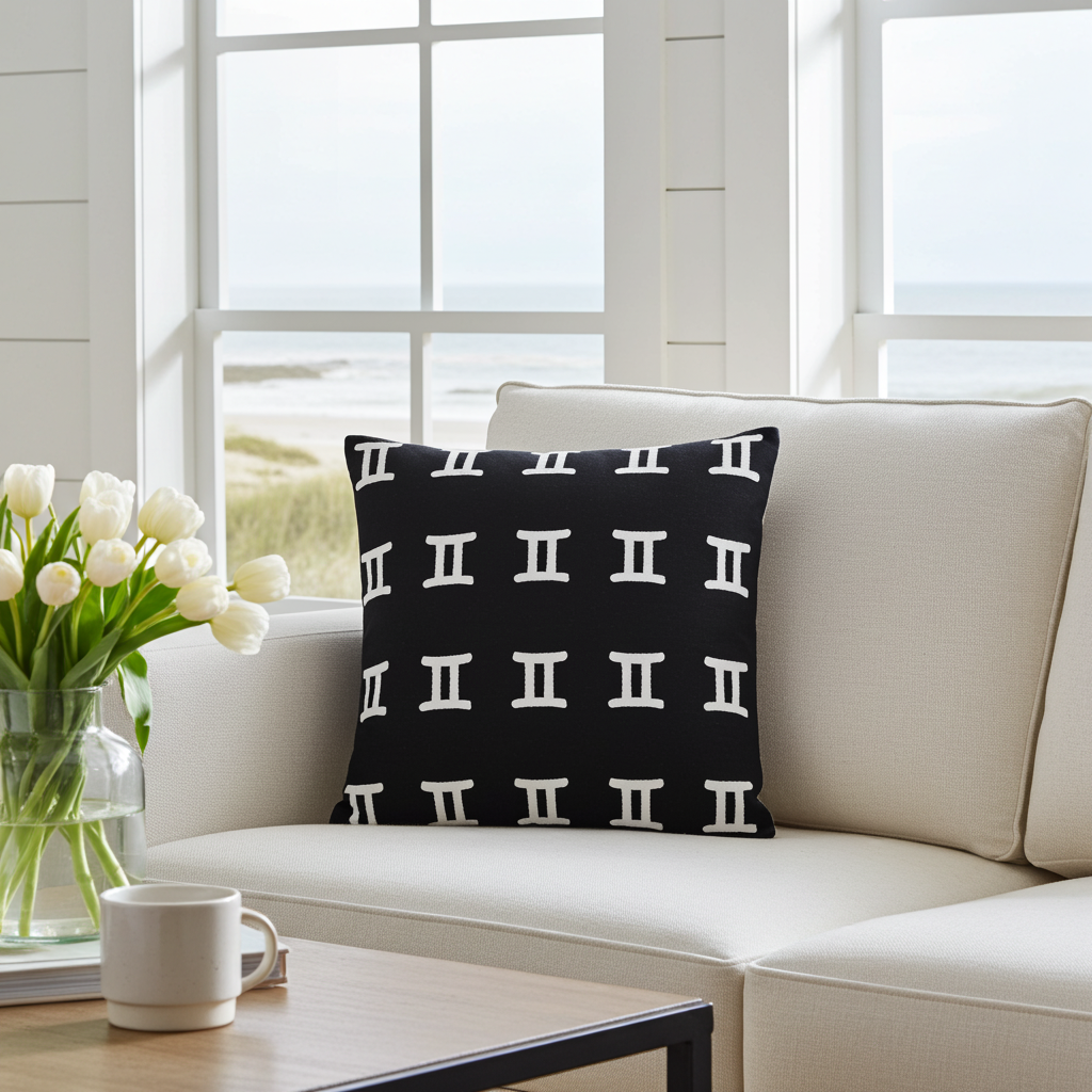 Black pillow with white gemini symbols on a beige sofa in a bright living room.