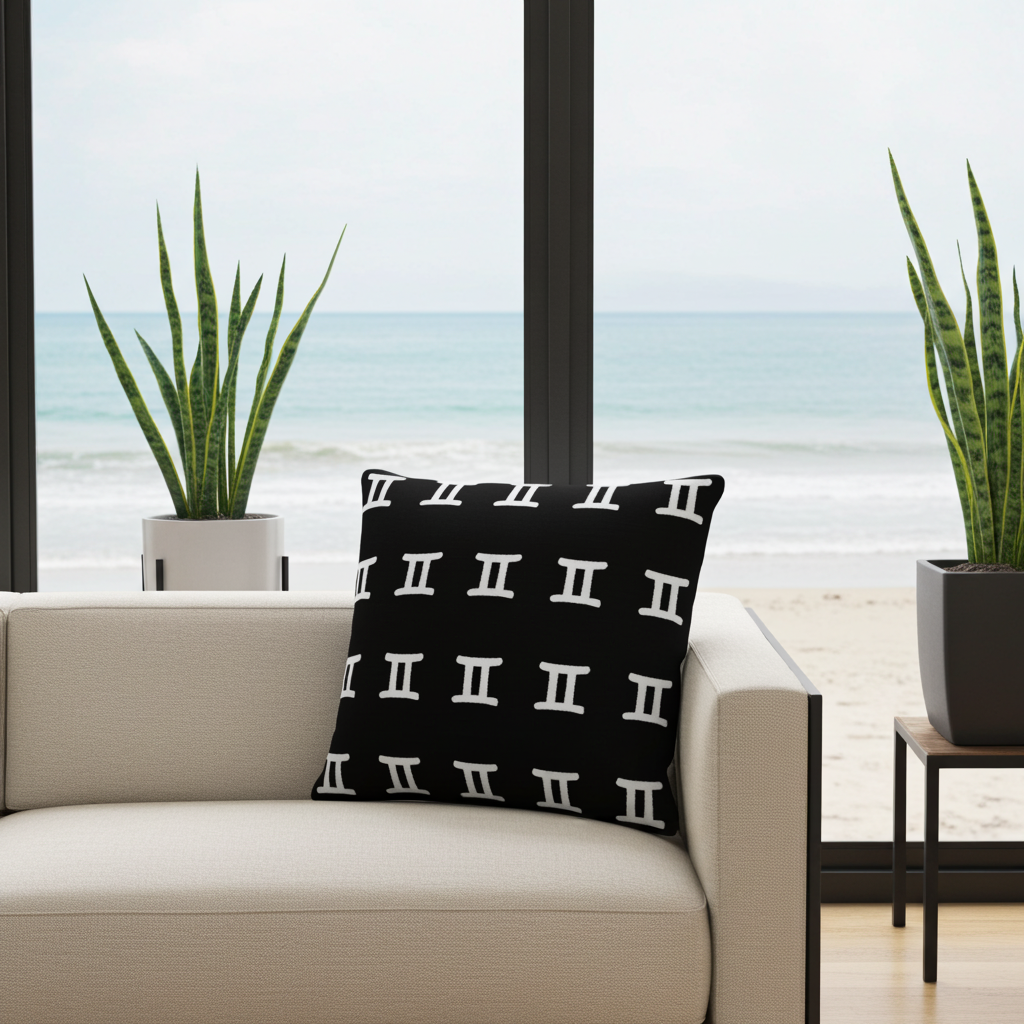 Black pillow with white gemini symbols on a beige sofa in a room with large windows overlooking the ocean.